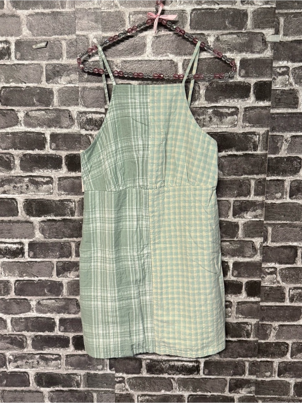 NWT American Eagle mini dress Green white plaid stripe print